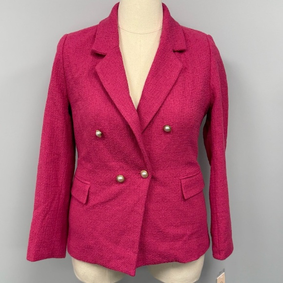 NWT Nanette Lepore Boucle Tweed Jacket Blazer 12 Fucshia Rose Pearl Buttons NEW - Picture 3 of 12